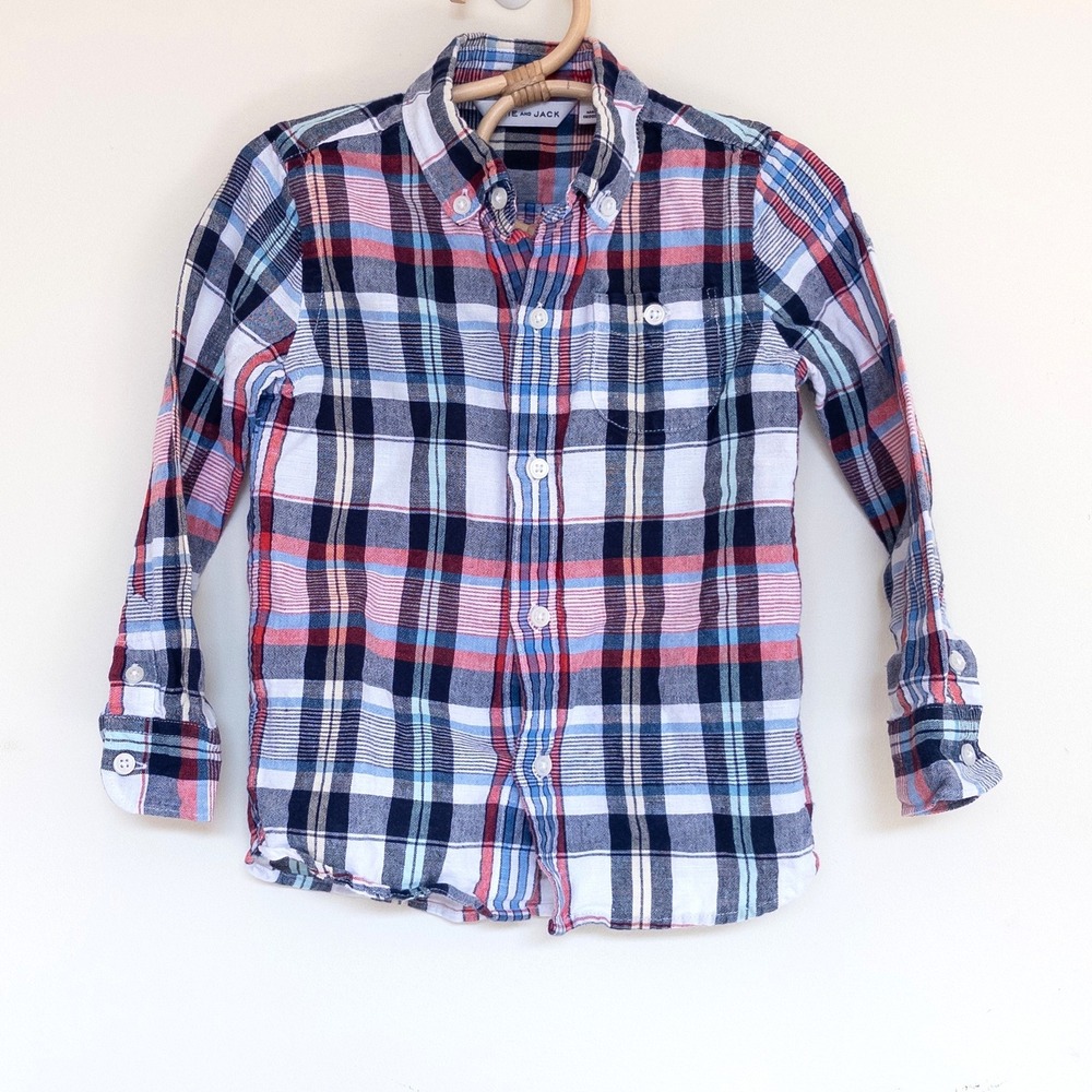 Janie and Jack Plaid Button Down Shirt Red Navy Blue Linen Blend Kids Size 3